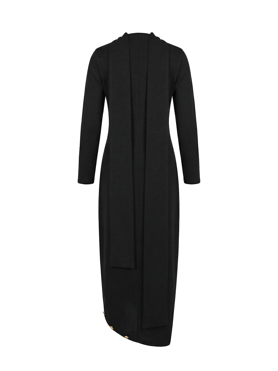 Long-sleeve loose asymmetric split-side mock-neck maxi dress for women - 7