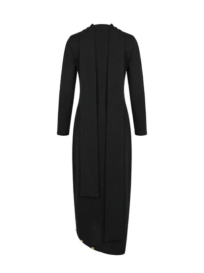 Long-sleeve loose asymmetric split-side mock-neck maxi dress for women - 7