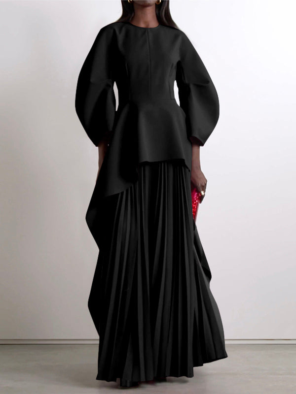 Long-sleeve loose tiered pleated round-neck maxi dress for women - 9