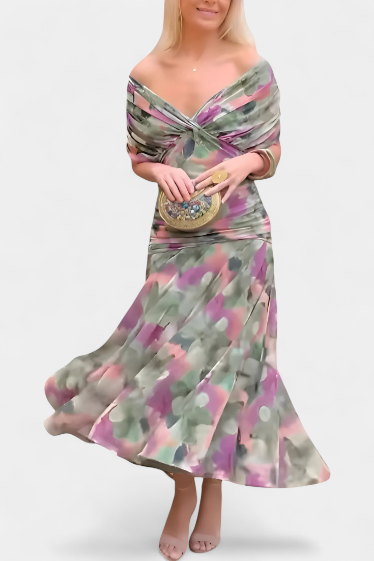 Long floral V-neck everyday casual dress for women | Vivian -19