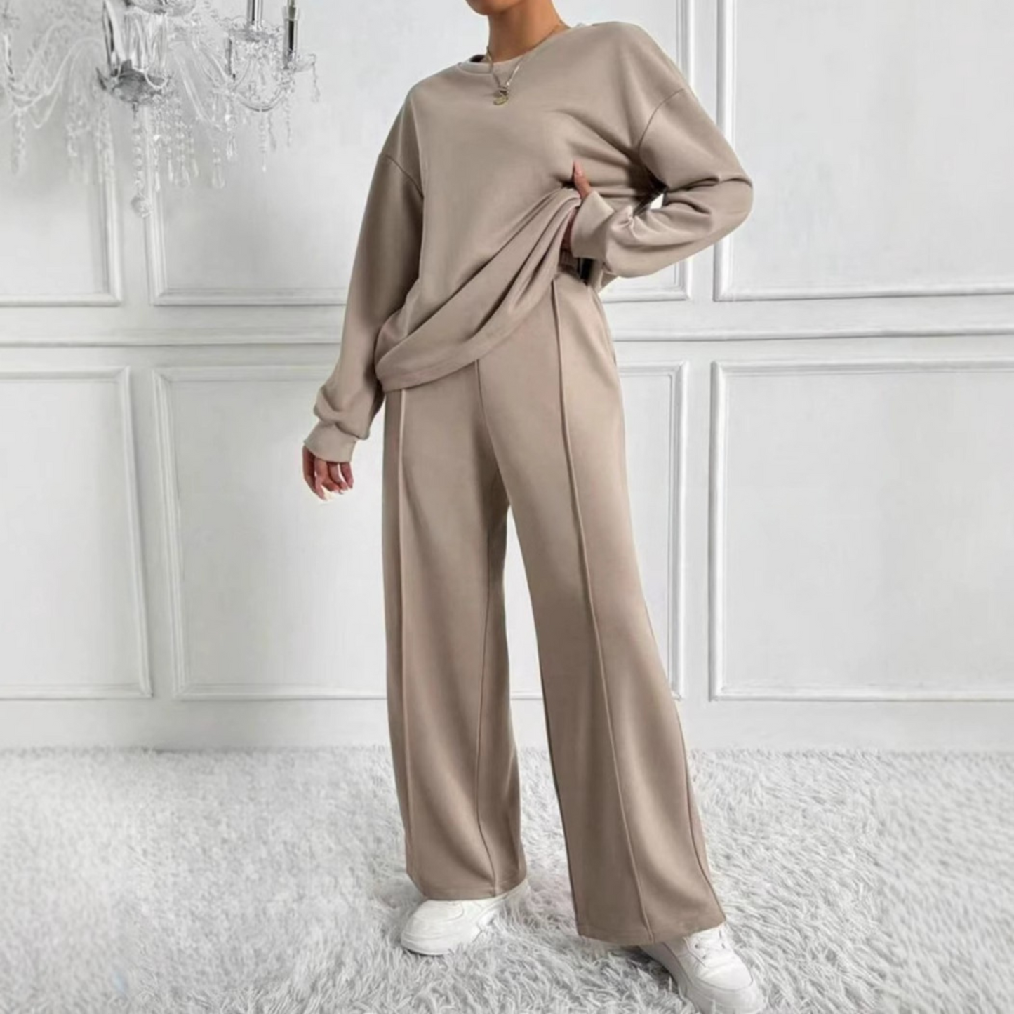 Casual Long Sleeve Sweatshirt And High Waist Trousers Set Trendy For Women | Veloura