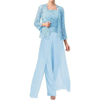 Elegant lace chiffon square-neck pantsuit with jacket for women | Diana -9