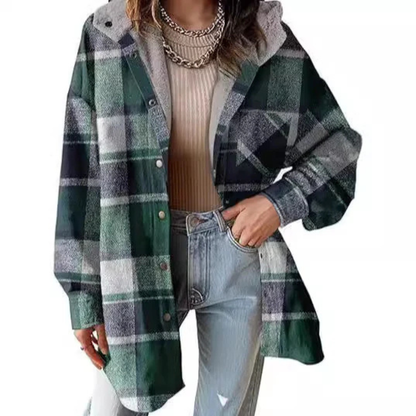 Relaxed Fit Hooded Plaid Jacket Stylish For Women | Brinley