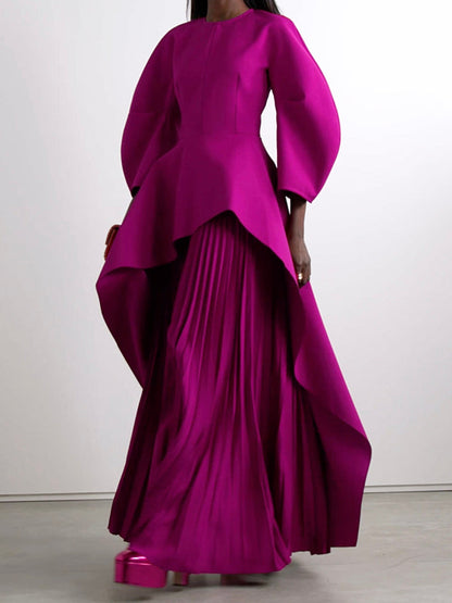 Long-sleeve loose tiered pleated round-neck maxi dress for women - 5