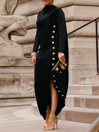 Long-sleeve loose asymmetric split-side mock-neck maxi dress for women - 1