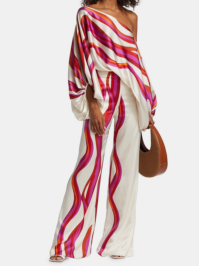 Printed off-shoulder blouse and wide-leg trousers co-ord set for women - 1