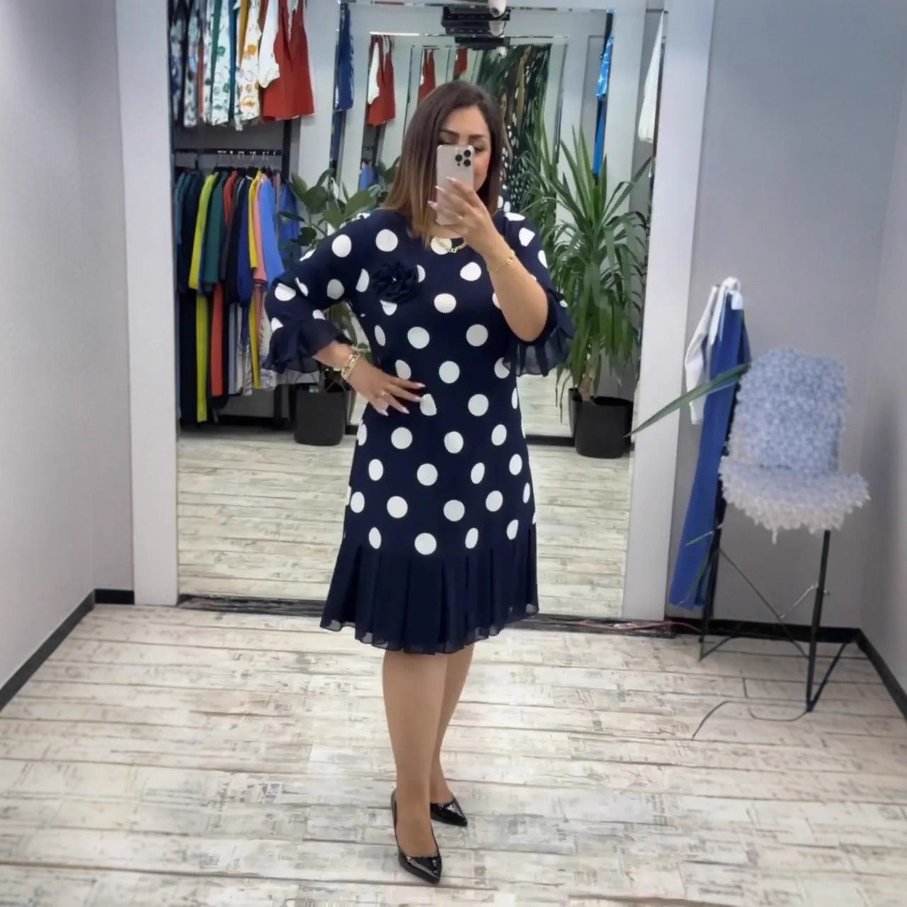 Pleated Polka Dot Midi Dress Chic For Women | Clarisse