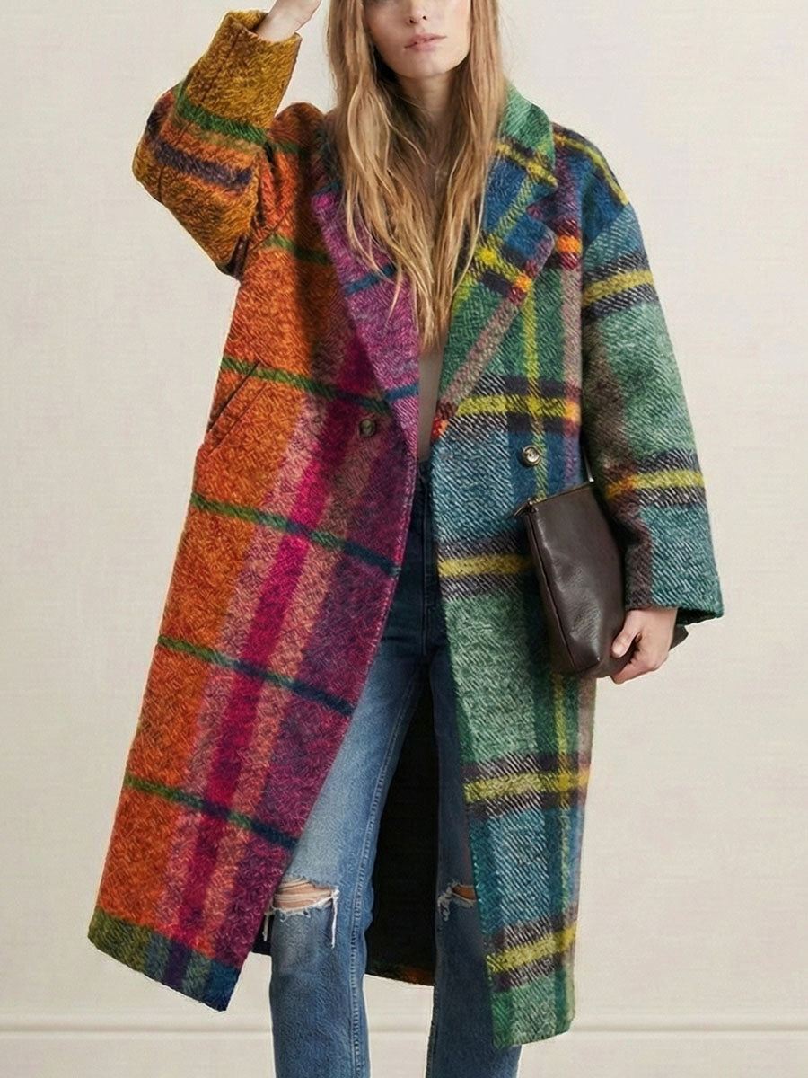 Three-quarter sleeve contrast plaid wool blend coat for women - 2