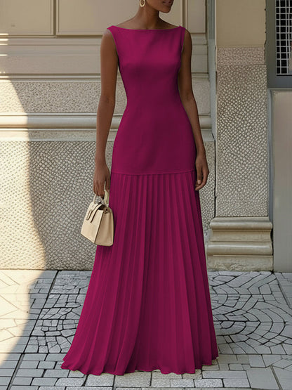 Sleeveless gauze pleated boat-neck evening maxi dress for women - 8