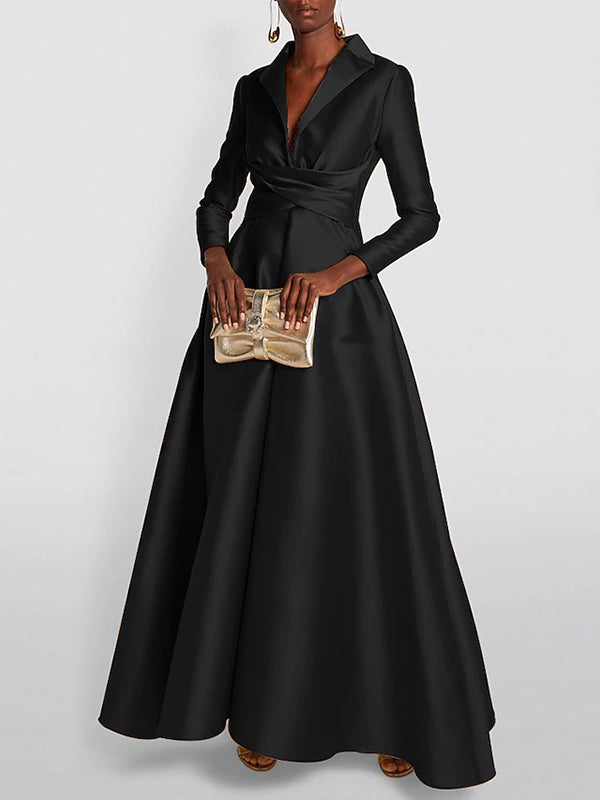 A-line high-waist pleated V-neck solid maxi dress for women - 4