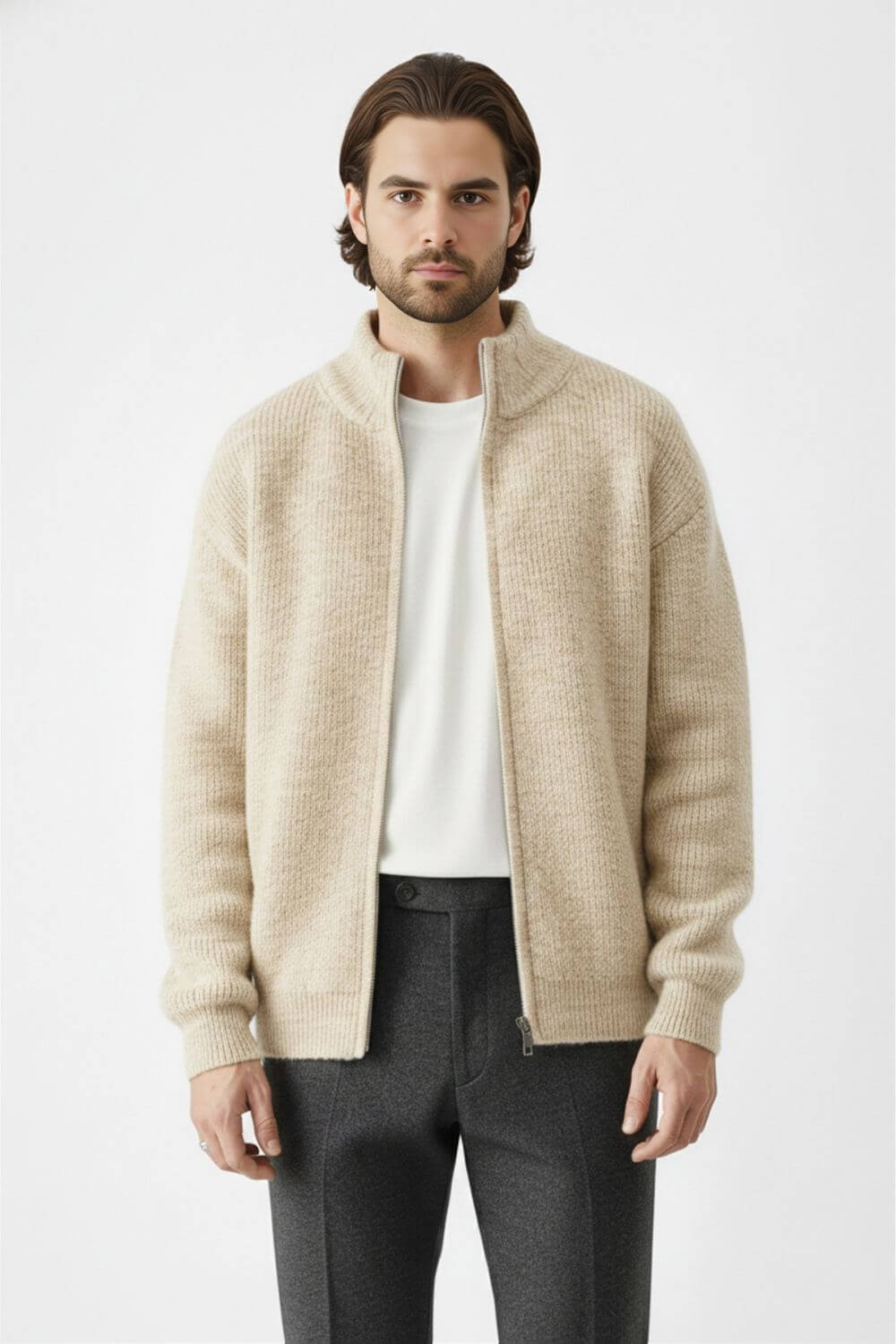 Full-zip knit jumper with stand collar for men | Caurelle