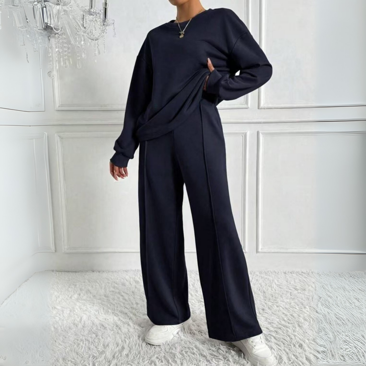 Casual Long Sleeve Sweatshirt And High Waist Trousers Set Trendy For Women | Veloura