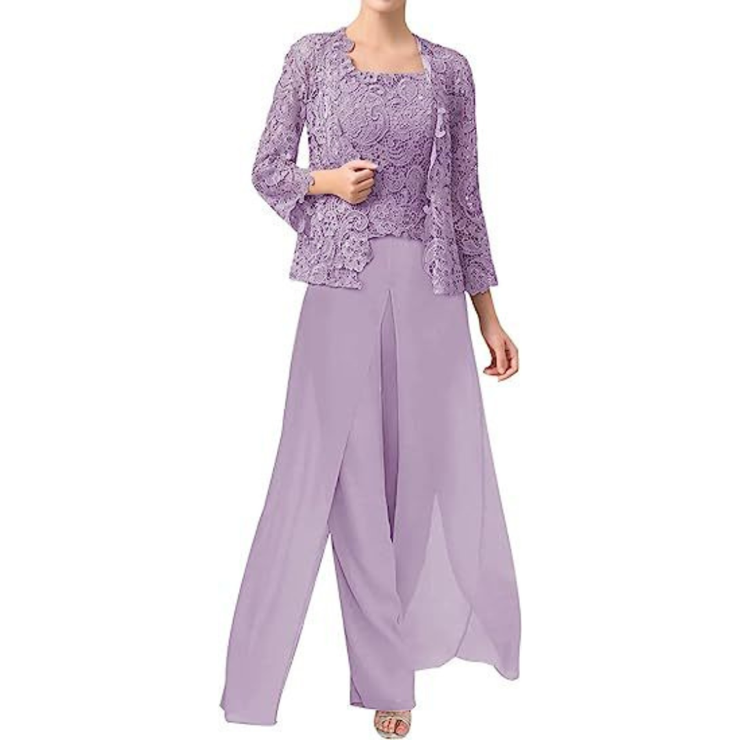 Elegant lace chiffon square-neck pantsuit with jacket for women | Diana -10