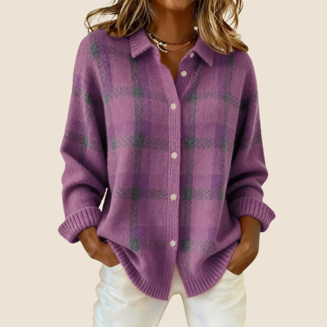 Retro Check Button Sweater Cozy For Women | Elodie