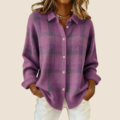 Retro Check Button Sweater Cozy For Women | Elodie