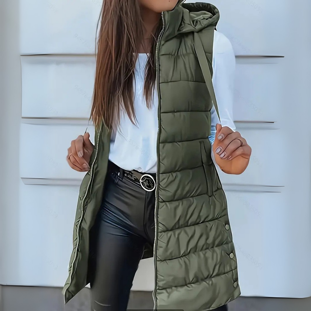 Casual Sleeveless Hooded Long Puffer Vest Stylish For Women | Elowise