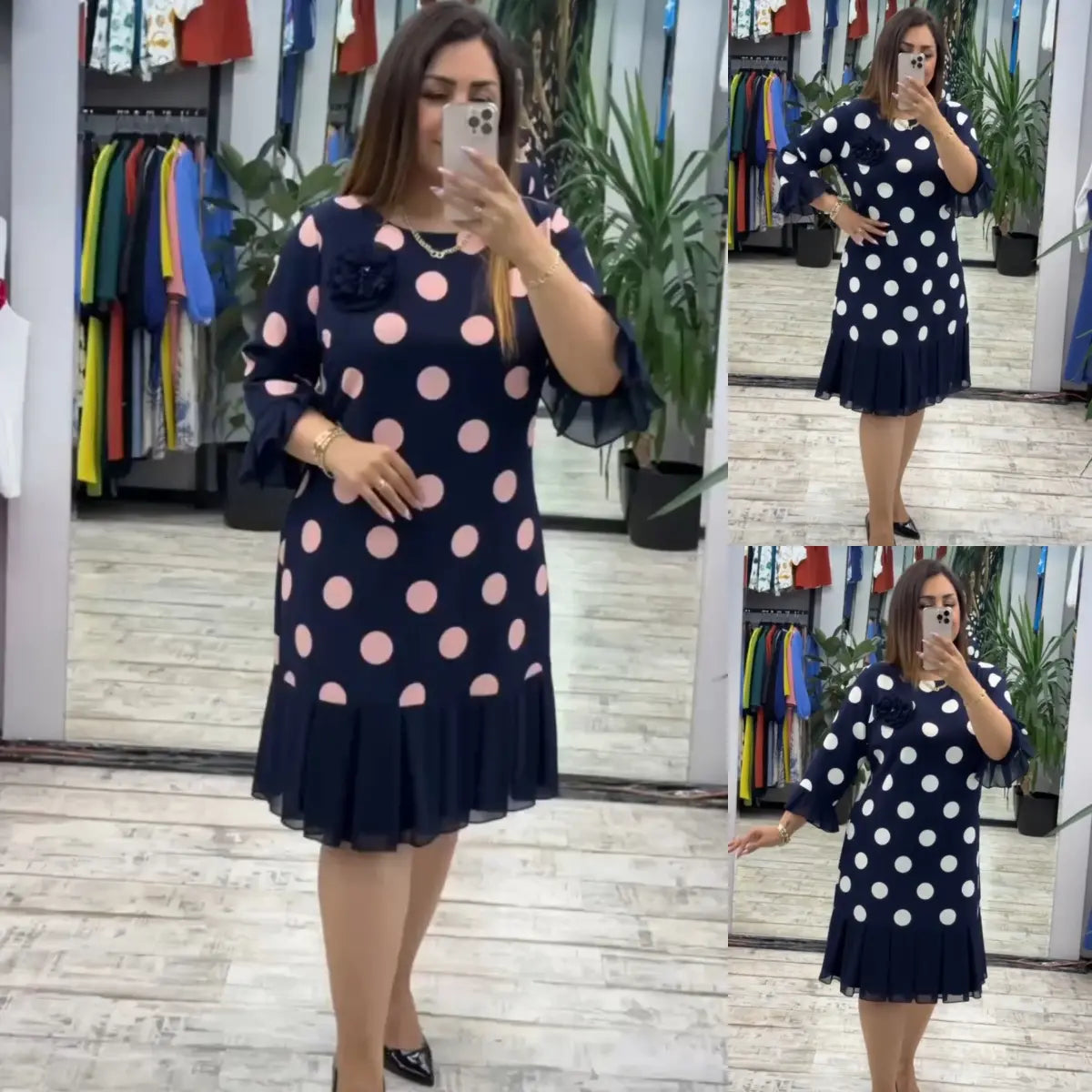 Pleated Polka Dot Midi Dress Chic For Women | Clarisse