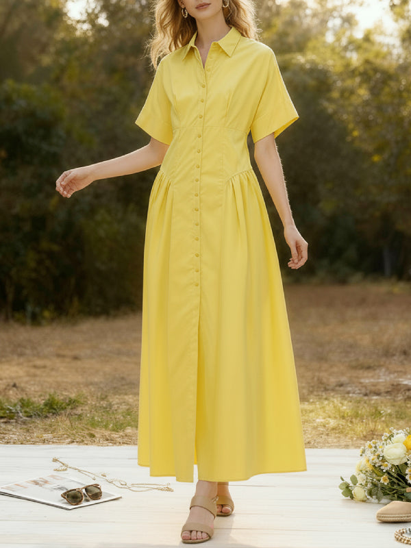 Short-sleeve loose pleated lapel midi shirt dress for women - 6