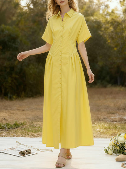 Short-sleeve loose pleated lapel midi shirt dress for women - 6