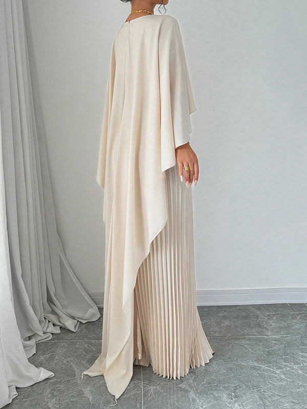 Cape high-low pleated round-neck evening maxi dress for women - 11