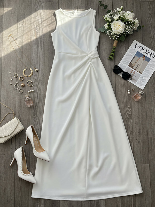 Sleeveless gauze pleated round-neck evening maxi dress for women - 13