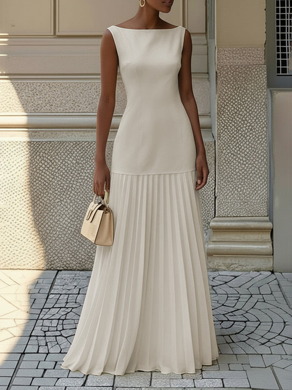 Sleeveless gauze pleated boat-neck evening maxi dress for women - 3