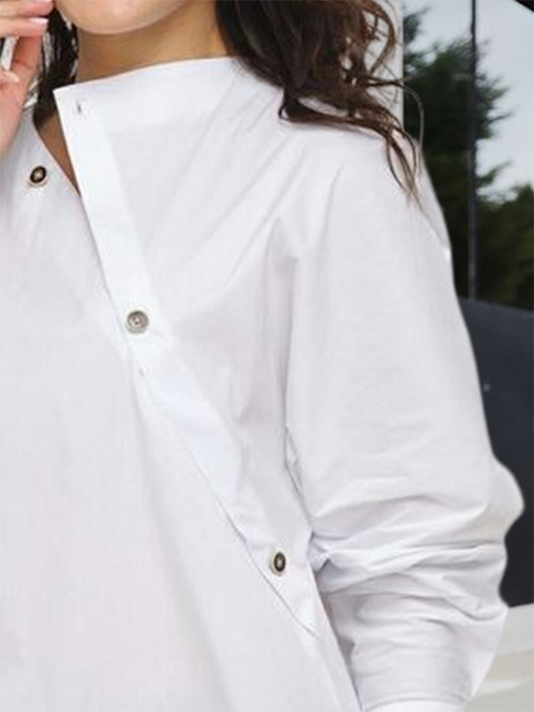 Long-sleeve asymmetric buttoned split-front blouse for women - 4