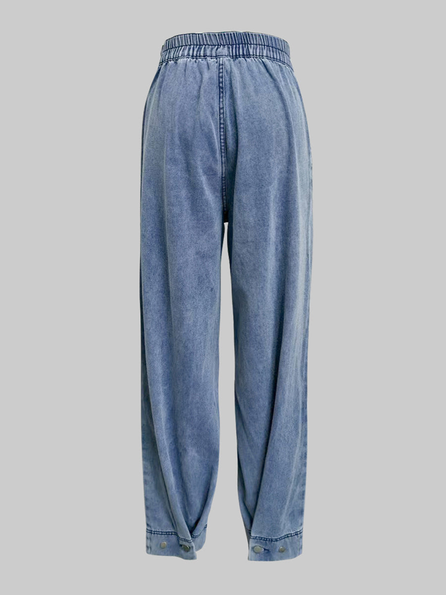 Loose buttoned zip solid denim jean trousers for women - 5