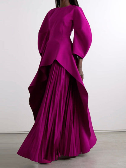 Long-sleeve loose tiered pleated round-neck maxi dress for women - 1