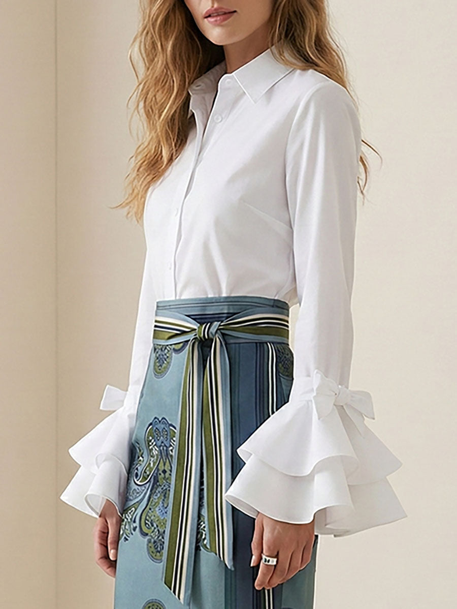 Flared-sleeve bow-embellished falbala lapel blouse for women - 6
