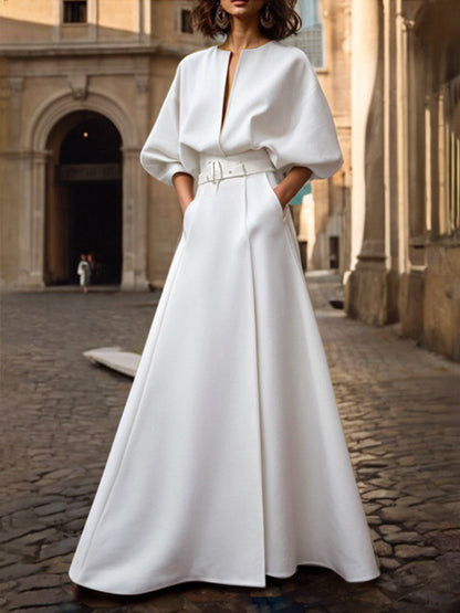 Half-sleeve loose belted deep V-neck solid maxi dress for women - 1