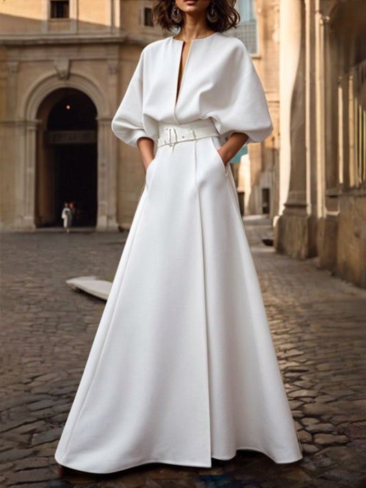 Half-sleeve loose belted deep V-neck solid maxi dress for women - 1