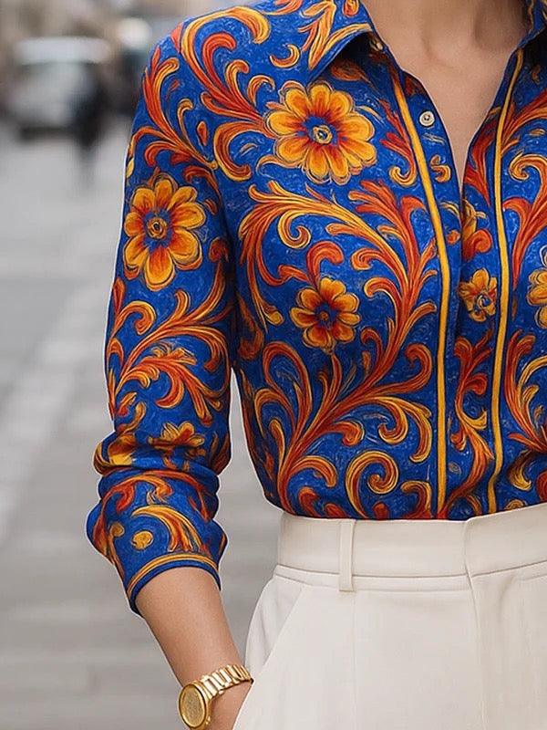 Long-sleeve buttoned flower print lapel blouse for women - 4