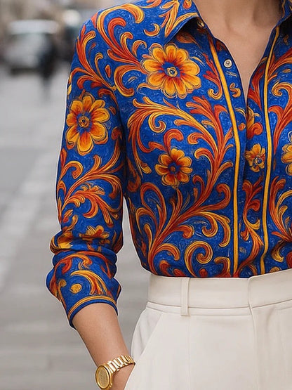 Long-sleeve buttoned flower print lapel blouse for women - 4