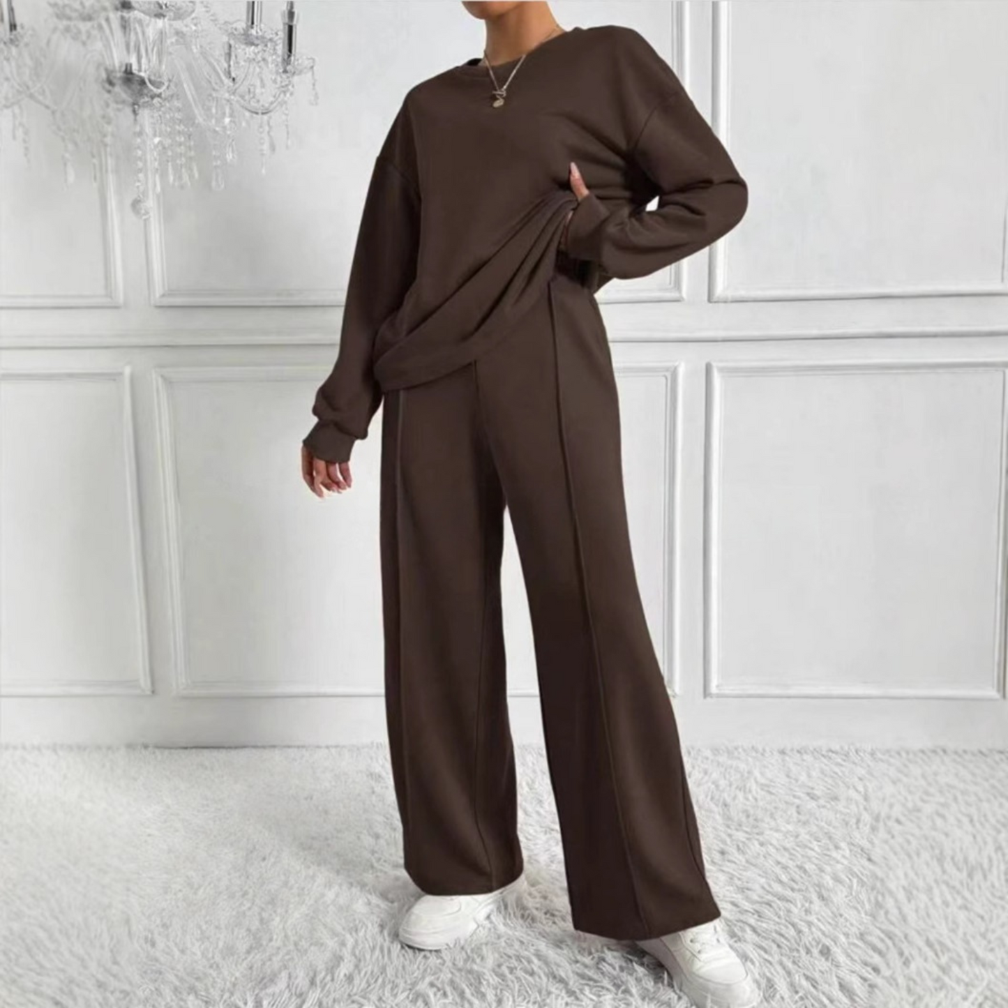Casual Long Sleeve Sweatshirt And High Waist Trousers Set Trendy For Women | Veloura