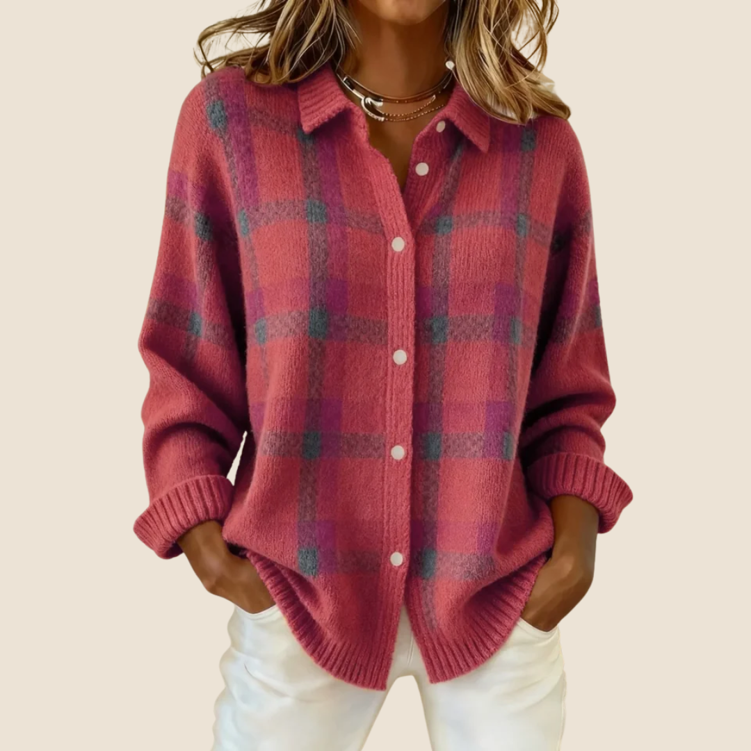 Retro Check Button Sweater Cozy For Women | Elodie