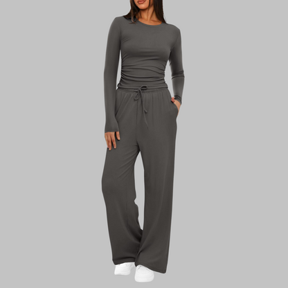 Casual Long Sleeve Top And Wide Leg Trousers Set Stylish For Women | Eloria