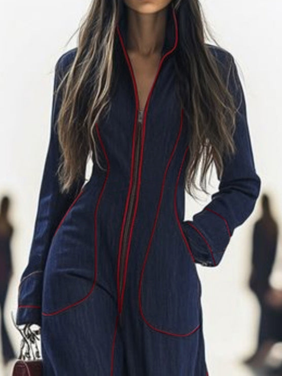 Wide-leg long-sleeve zip stand-collar jumpsuit for women - 2