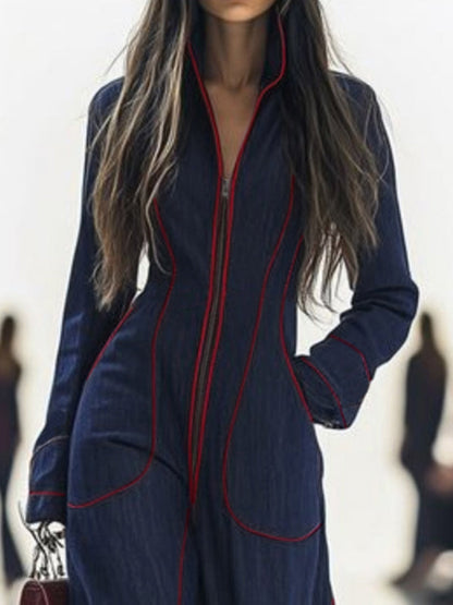 Wide-leg long-sleeve zip stand-collar jumpsuit for women - 2