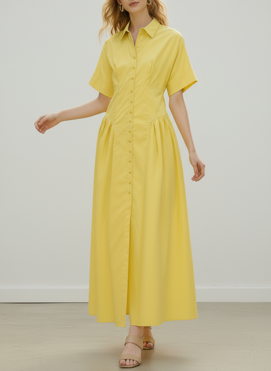 Short-sleeve loose pleated lapel midi shirt dress for women - 1