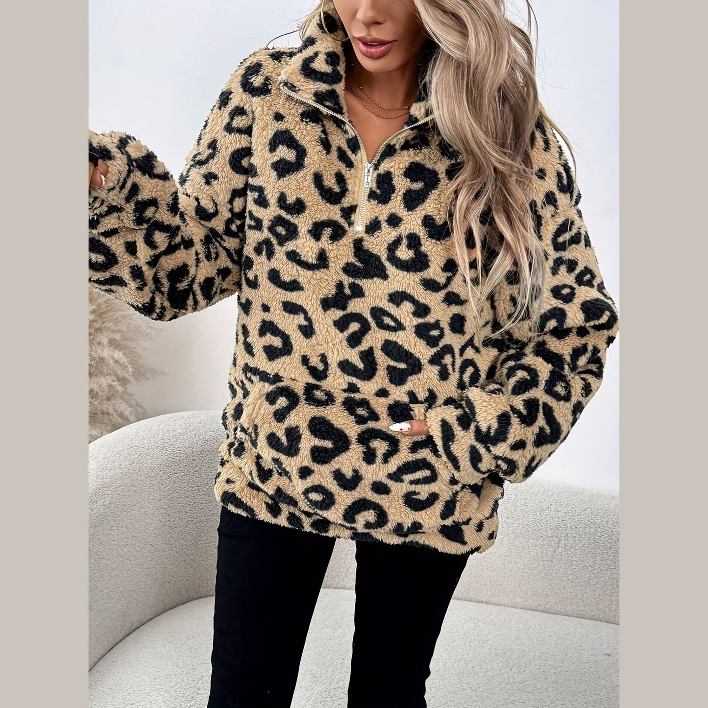 Elegant leopard print zip everyday jumper for women | Leona -5
