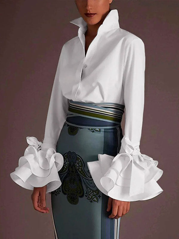 Flared-sleeve bow-embellished falbala lapel blouse for women - 2