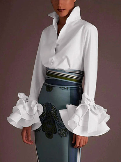 Flared-sleeve bow-embellished falbala lapel blouse for women - 2