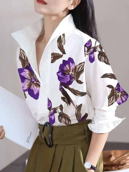 Long-sleeve loose flower print stand-collar blouse for women - 1