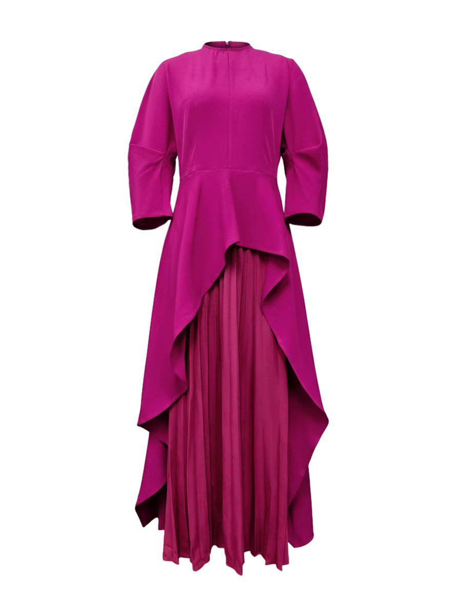 Long-sleeve loose tiered pleated round-neck maxi dress for women - 12