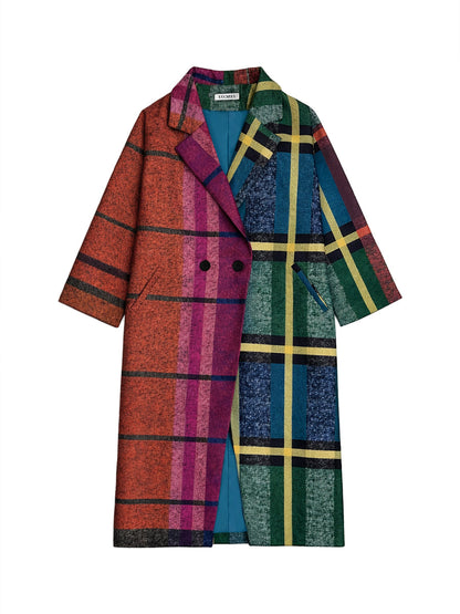 Three-quarter sleeve contrast plaid wool blend coat for women - 11