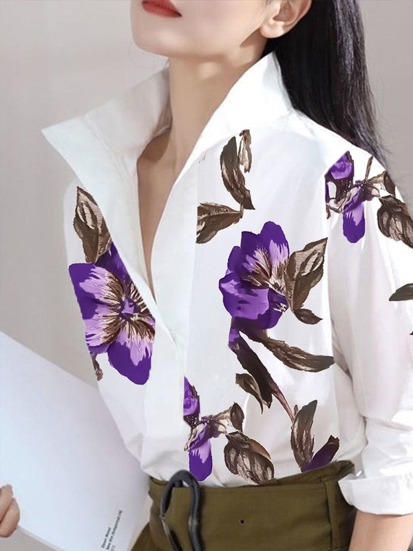 Long-sleeve loose flower print stand-collar blouse for women - 2