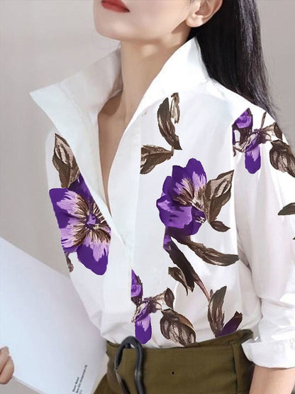 Long-sleeve loose flower print stand-collar blouse for women - 2