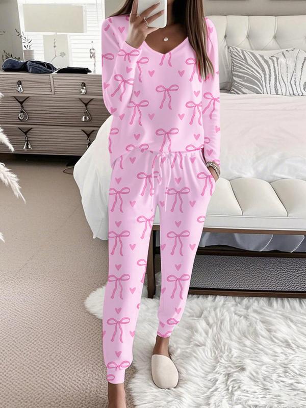 Bow Print V Neck Top And Trousers Set Stylish For Women | Sandra
