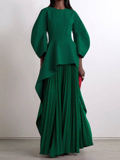 Long-sleeve loose tiered pleated round-neck maxi dress for women - 10
